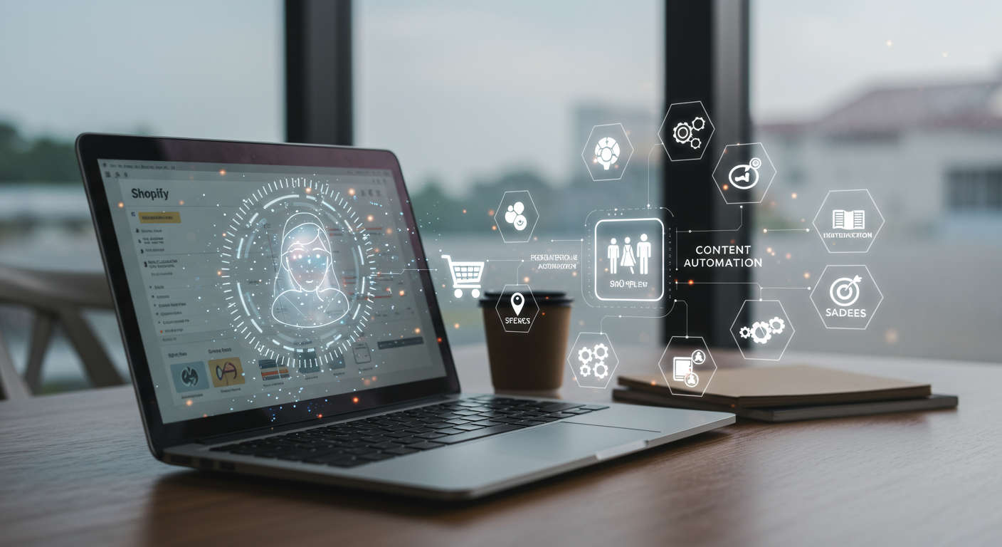 Modern ecommerce workspace with laptop showing Shopify dashboard, AI virtual assistant hologram, and digital marketing icons representing SEO, content automation, and sales workflow integration.