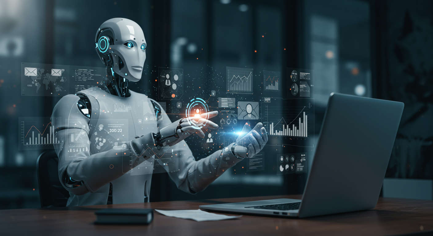 An AI virtual employee managing multiple marketing tasks autonomously, including email campaigns, social media posts, and lead generation, with graphs showing ROI improvement, in a digital workspace