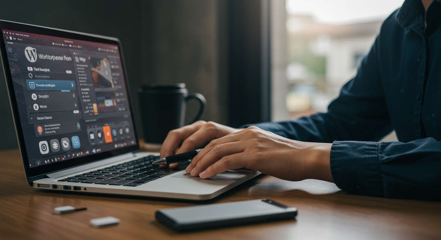 A small business owner using AI automation plugins on a laptop with WordPress and Shopify logos visible, showing ease of use and no-code setup