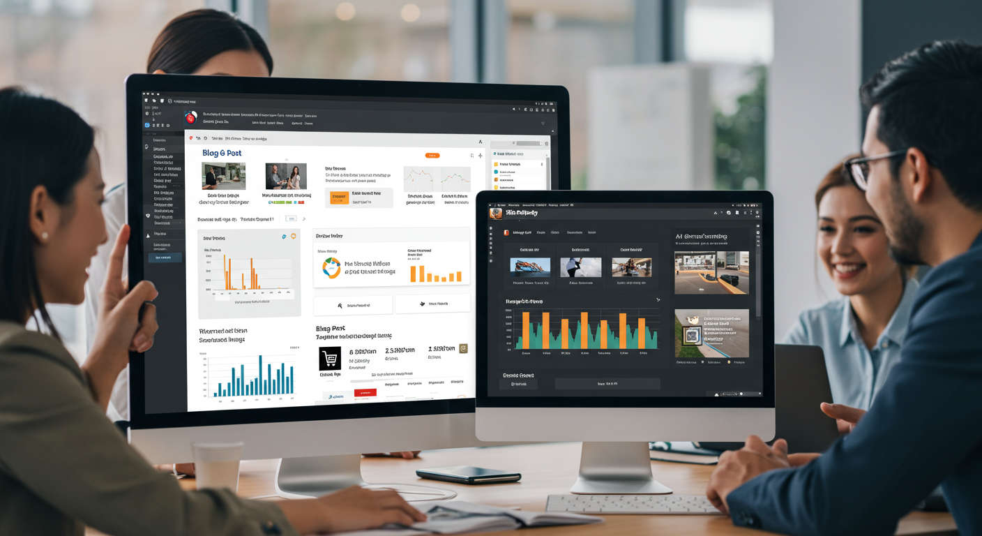 A user-friendly Shopify plugin dashboard showing blog post scheduling, AI-generated images, and performance analytics on screen, with a happy startup team in the background
