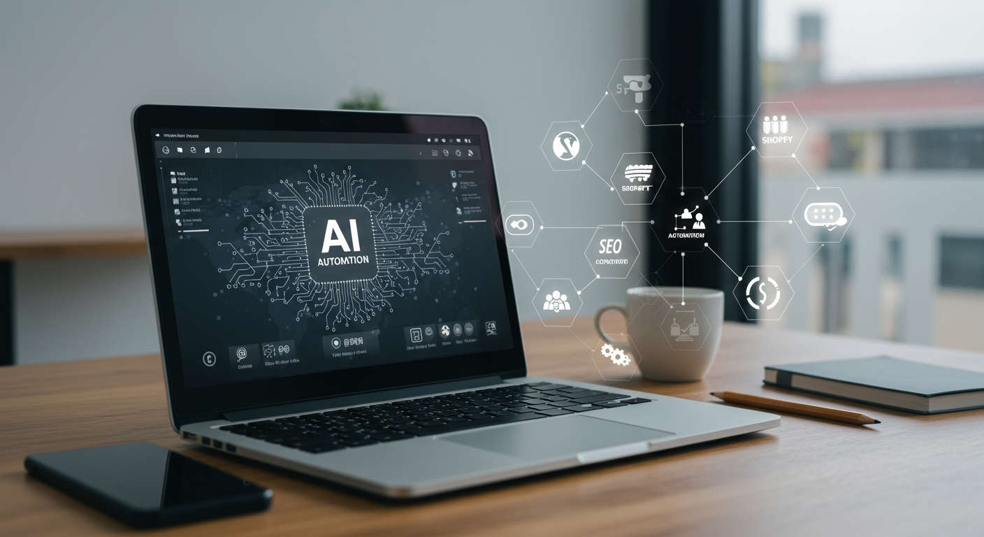 Modern office workspace with laptop showing AI automation software surrounded by icons of WordPress, Shopify, virtual assistants, SEO content, and automation workflows representing AI trends transforming SMBs and startups