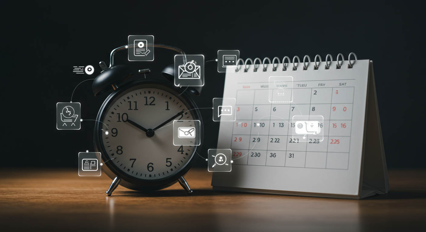 A calendar and clock with digital content icons like blog posts and social media, illustrating scheduling rules for consistent content delivery in a small business marketing context