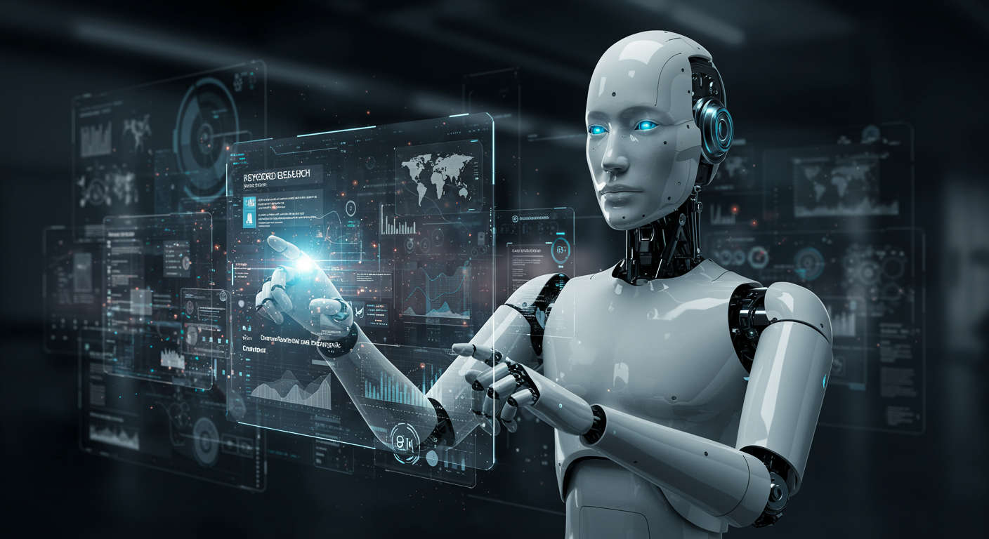 An AI virtual employee working autonomously on multiple digital tasks, including keyword research, content creation, and competitor analysis, futuristic digital workspace