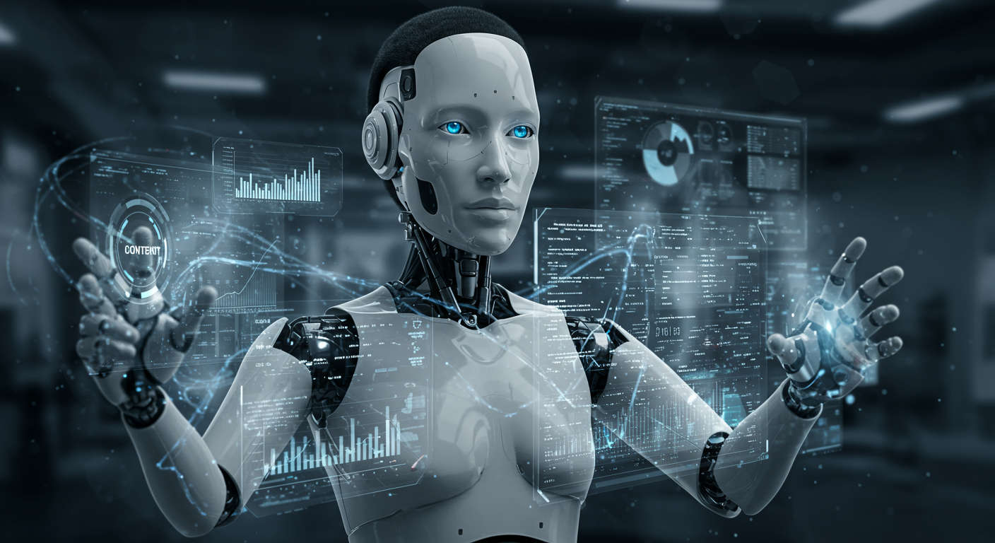 AI virtual employee managing multiple tasks autonomously, including content creation, customer support, and sales outreach, with a futuristic digital interface background