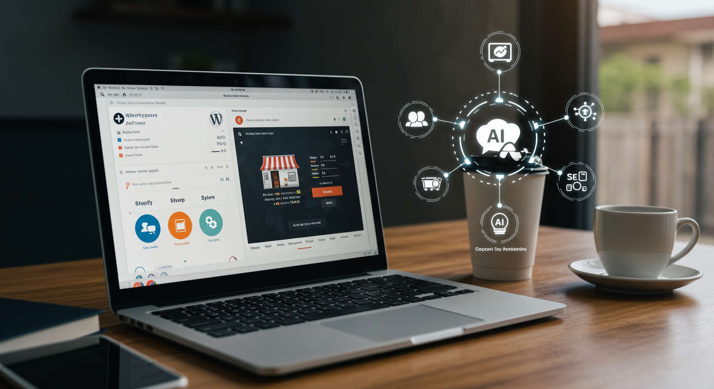 Modern digital workspace with AI technology assisting content creation on WordPress and Shopify platforms, symbolising automation and SEO optimisation for small businesses and startups