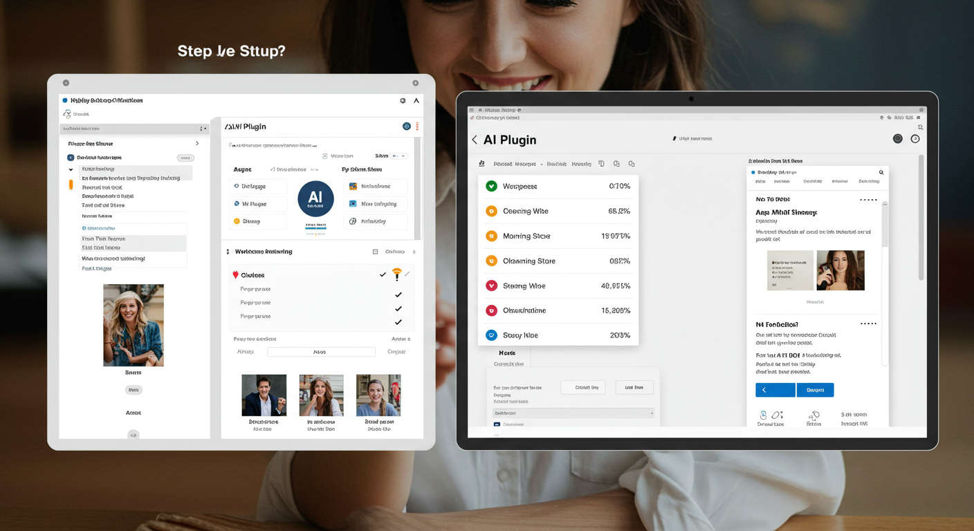 Step-by-step setup of AI plugin on WordPress and Shopify stores, showing a user interface with plugin installation and configuration screens, highlighting ease of use for SMBs