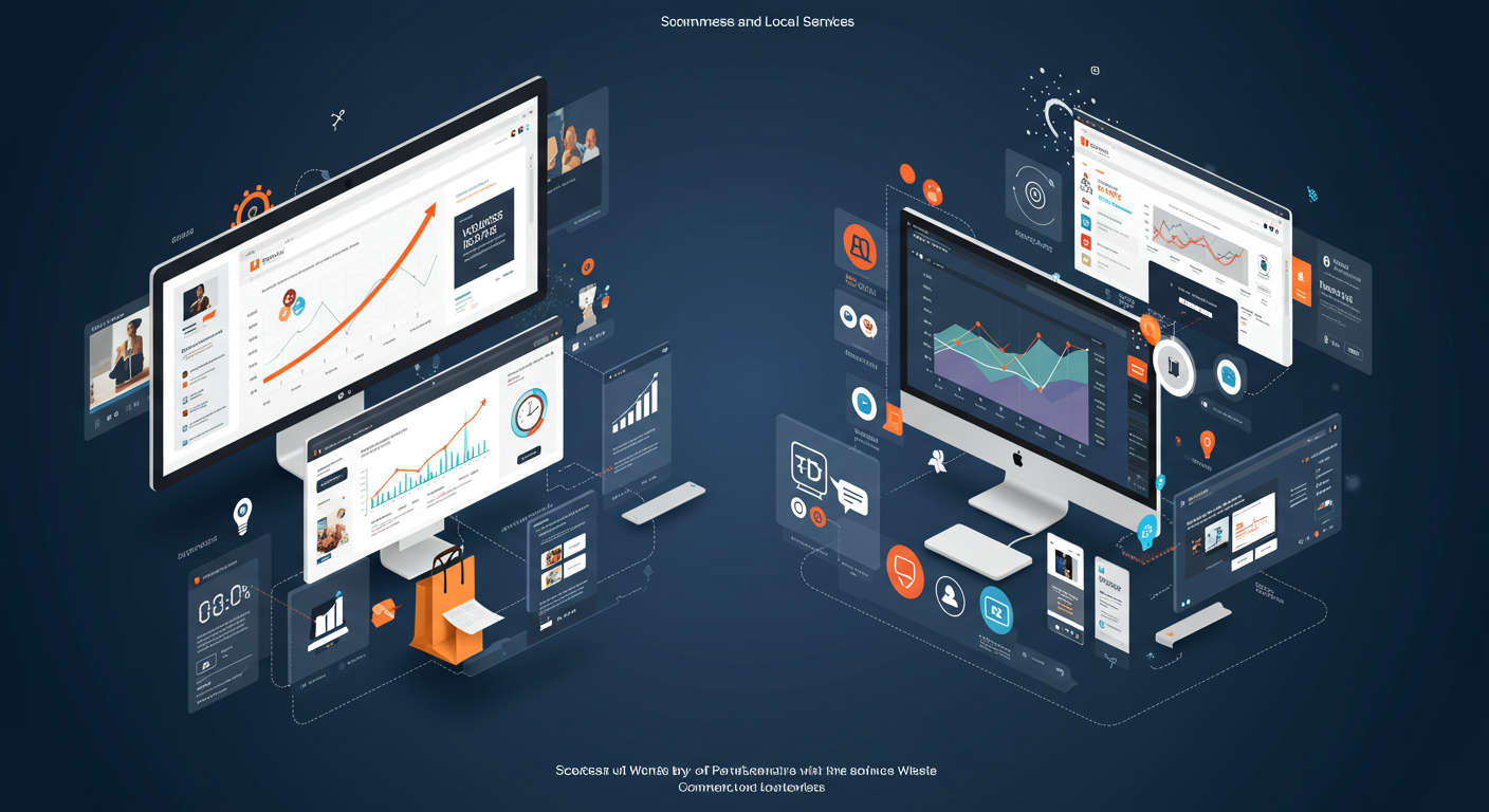 Ecommerce and local service business websites showing SEO content publishing, WordPress and Shopify integration, rising organic traffic graphs, digital marketing automation