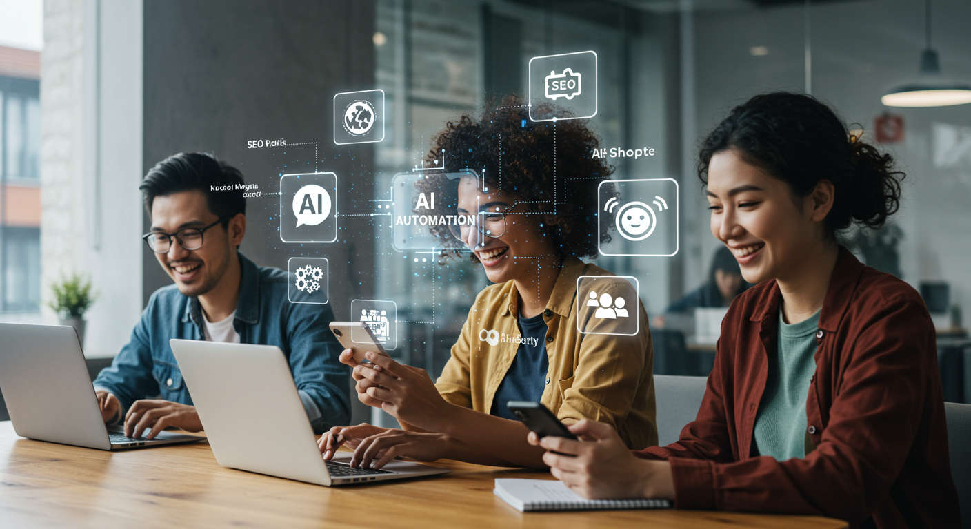 Small business owners and startup founders using AI technology on laptops and mobile devices with digital icons representing AI automation, SEO, social media, and lead generation in a modern office environment with WordPress and Shopify logos.