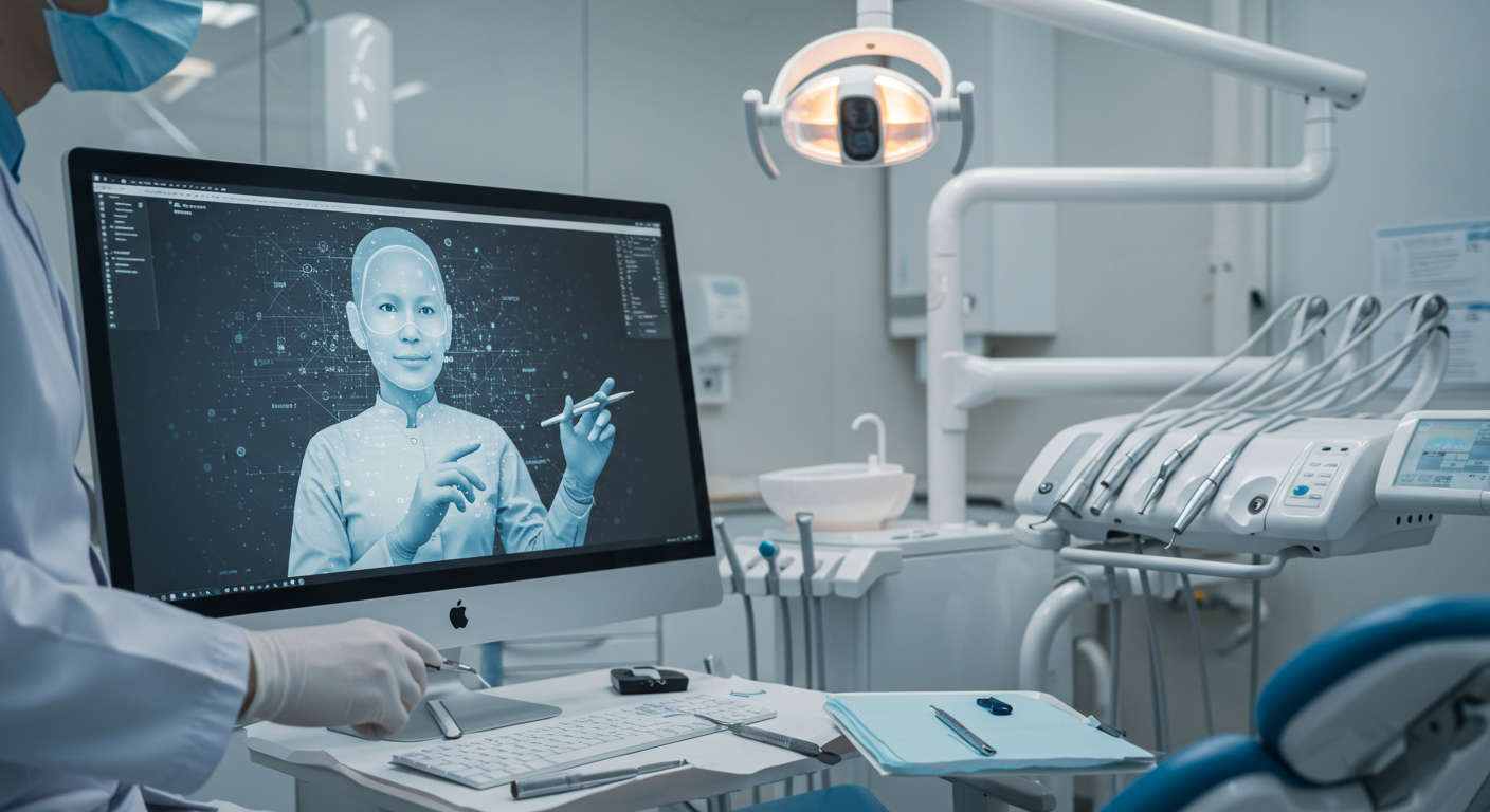 A modern dental clinic using AI technology for SEO content publishing, showing a dentist interacting with a virtual AI assistant on a computer screen, with dental tools and a clinic background