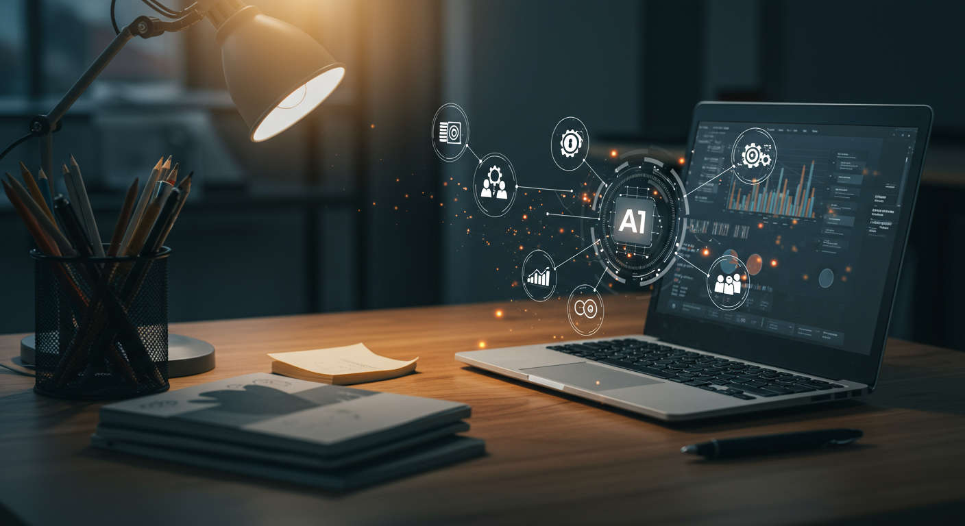 Modern workspace with laptop showing SEO analytics and AI content optimisation dashboard, surrounded by digital icons representing AI, Google Discover, content publishing, and small business growth.