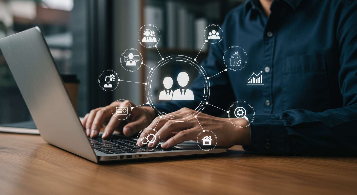 A small business owner using AI virtual employee on a laptop, surrounded by icons representing automation tasks like customer service, data analysis, and content creation, modern office setting