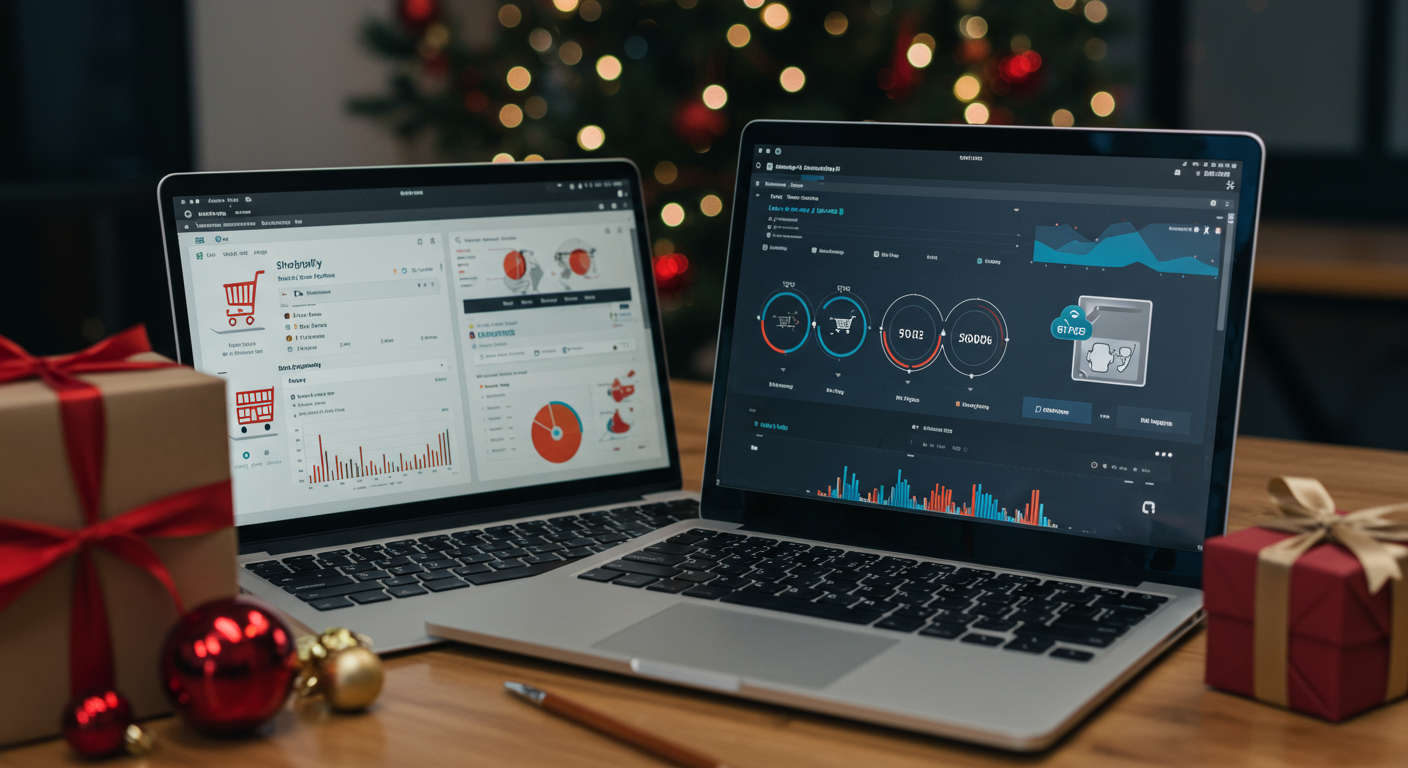 AI-powered ecommerce workspace with Shopify and WordPress dashboards showing holiday campaign automation and festive shopping themes