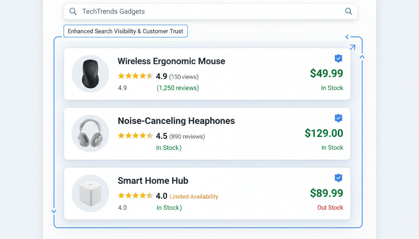A modern ecommerce storefront with products, star ratings, prices, and availability information displayed as rich snippets on search engine results page, visually highlighting enhanced search visibility and customer trust through schema markup