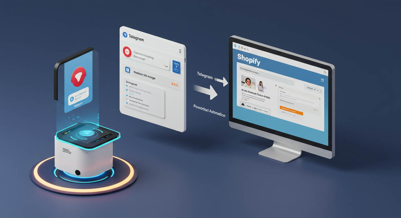 User-friendly futuristic interface showing Telegram and Shopify integration with AI automation, featuring a virtual assistant managing messages and e-commerce data