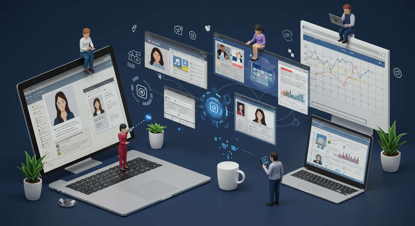 Automated AI content workflow showing a blog post transforming into multiple social media formats on different devices with a scheduling calendar and analytics dashboard in a futuristic digital style