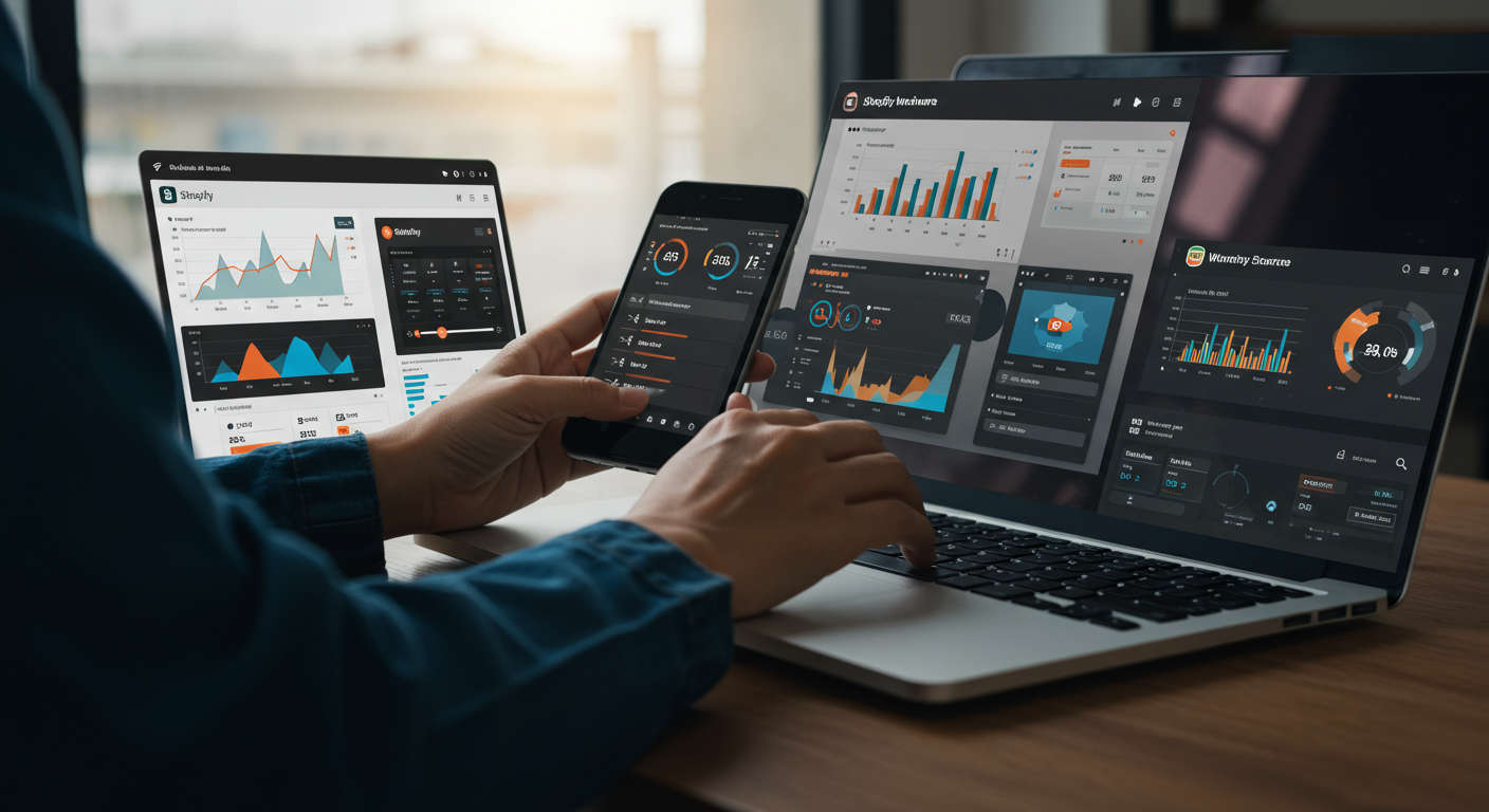 A small business owner managing multiple Shopify and WooCommerce online stores with dashboards showing inventory levels, sales charts, and automated alerts on a laptop and smartphone