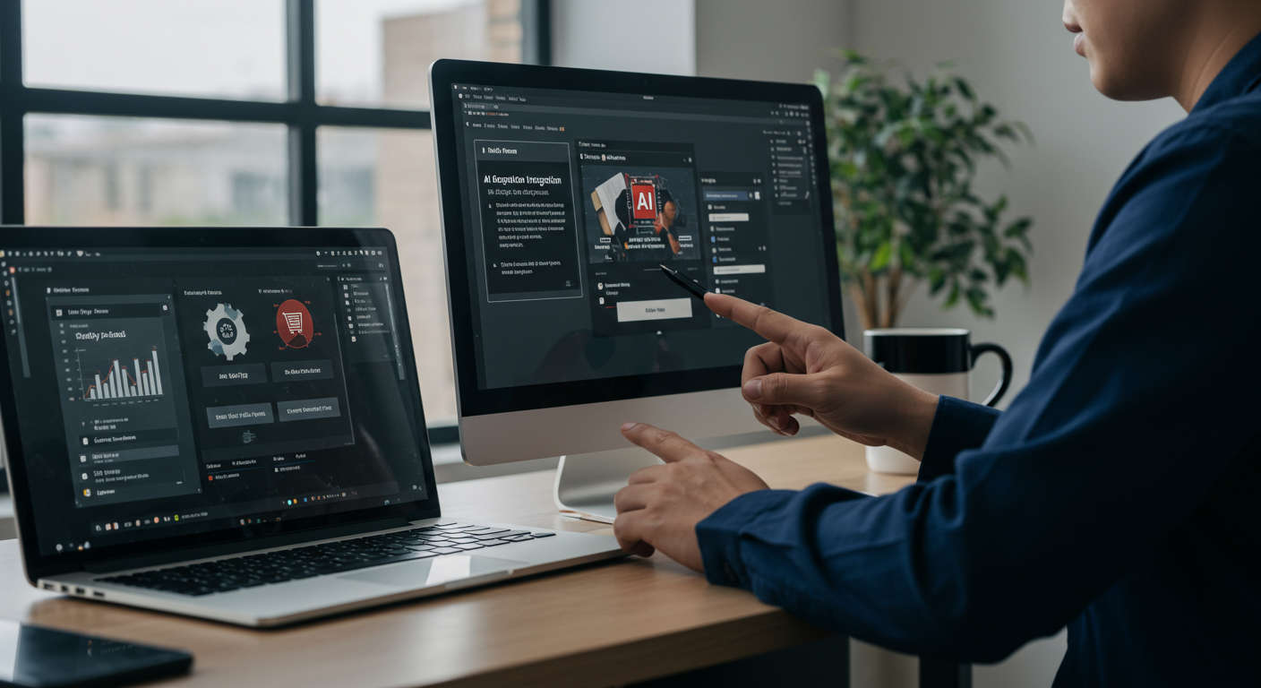 A small business owner setting up AI automation integration on Shopify and WordPress platforms, showing screens with plugin installation, product feeds, and AI configuration in a clean, tech-savvy workspace