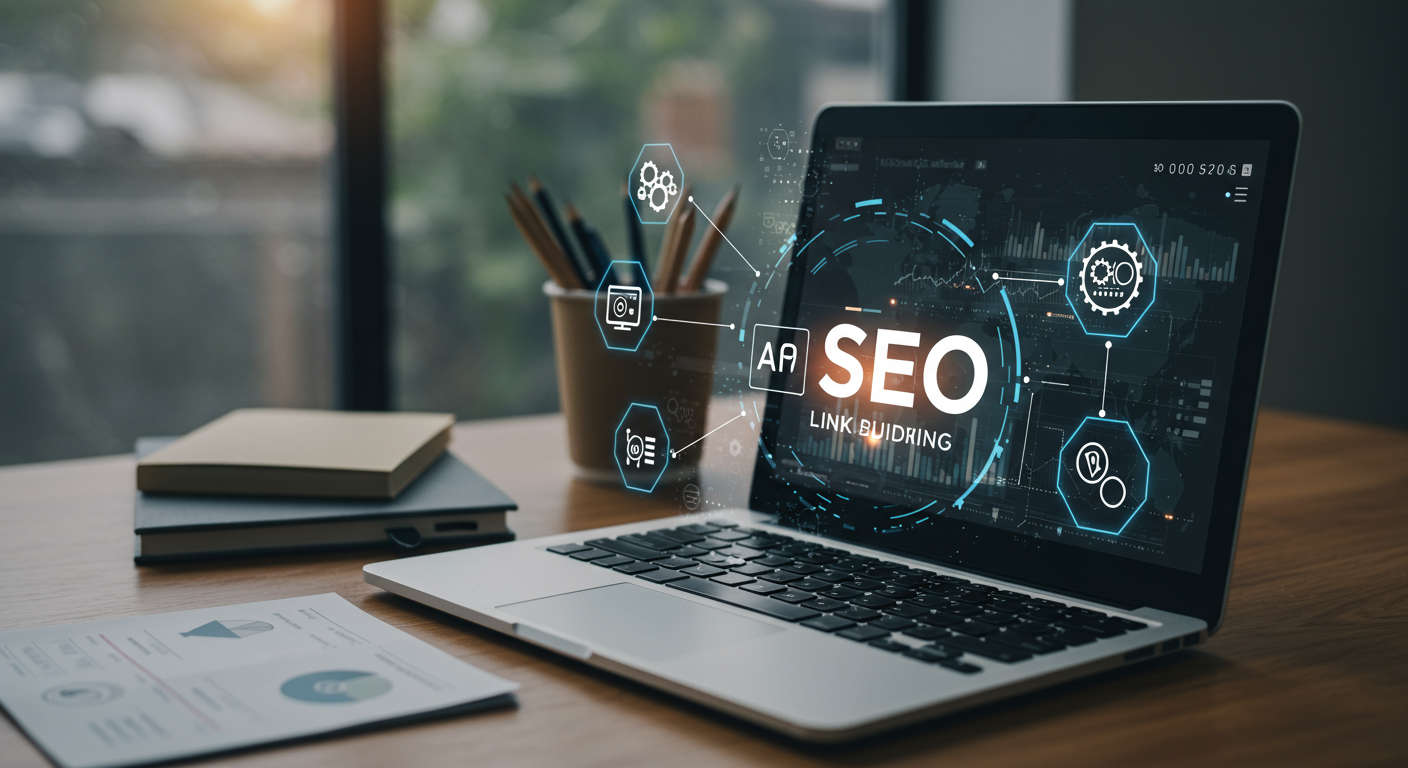 A modern workspace with a laptop showing SEO backlink analytics, surrounded by AI and digital marketing icons symbolising autonomous backlink outreach for Shopify and WordPress small business SEO.