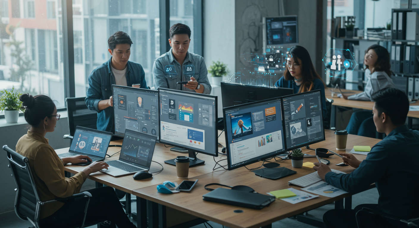 Small business and startup teams collaborating on digital marketing with AI assistance, multiple screens showing LinkedIn, Facebook, Reddit, and content creation tools in a modern office setting