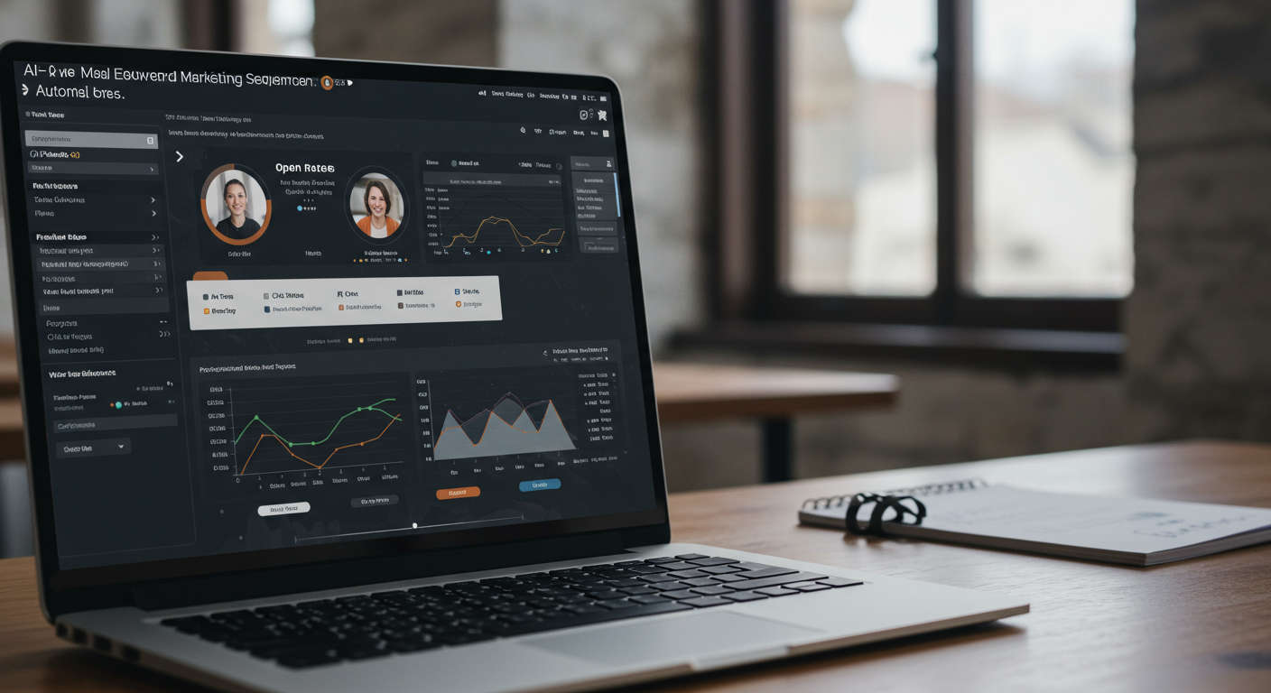 AI-powered email marketing automation dashboard showing personalised email sequences, open rates and click metrics in a small business setting