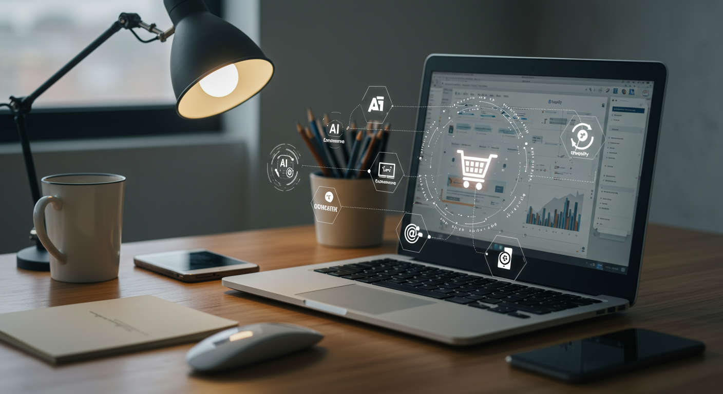 Modern workspace with laptop showing Shopify interface and icons representing AI automation, ecommerce, marketing emails, and inventory management for small business growth