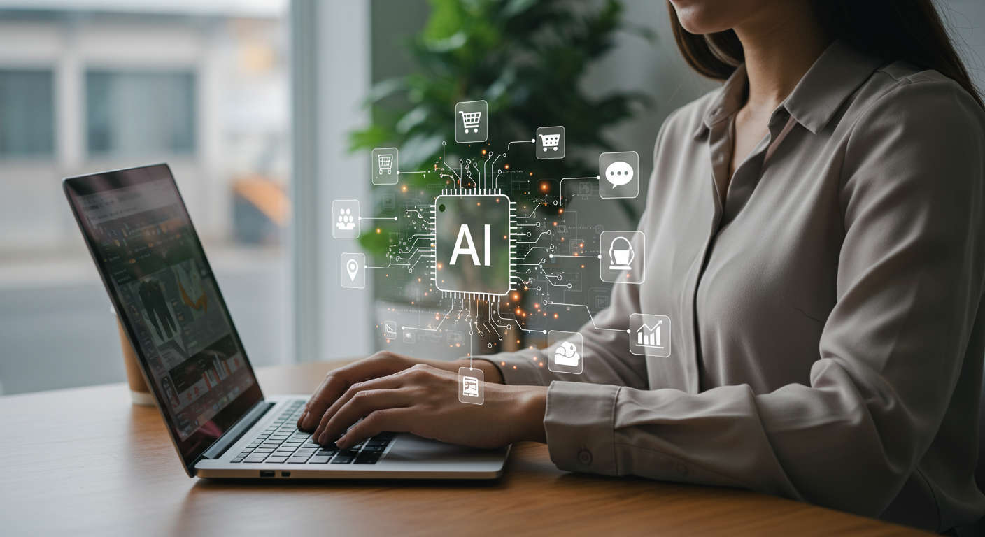 Small business owner using a laptop with digital icons representing Shopify AI automation, including e-commerce, inventory, chatbot support, and competitor analytics for efficient online store management