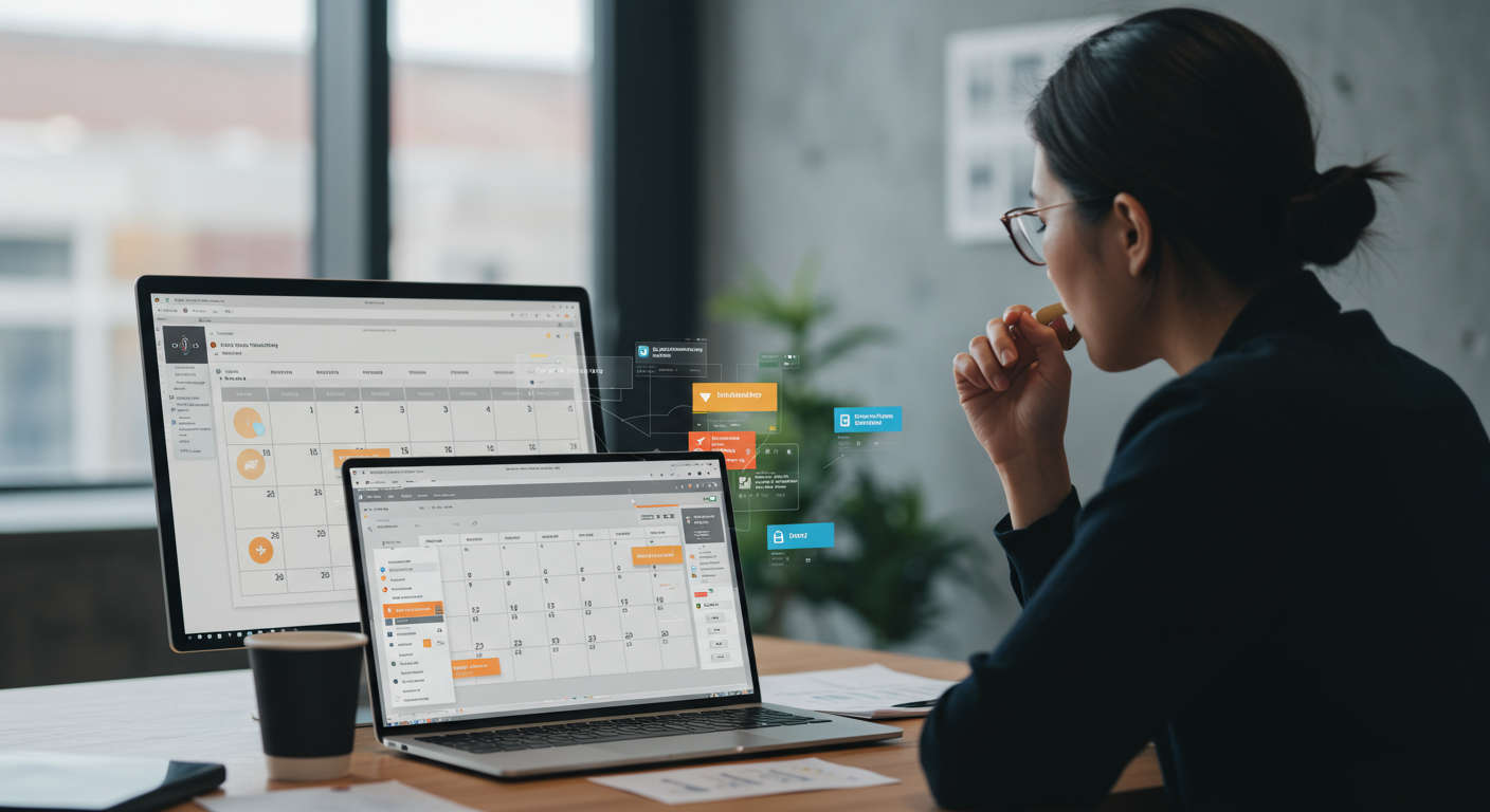 AI virtual assistant scheduling content on WordPress and Shopify platforms, digital calendar with automated task scheduling in a startup business environment