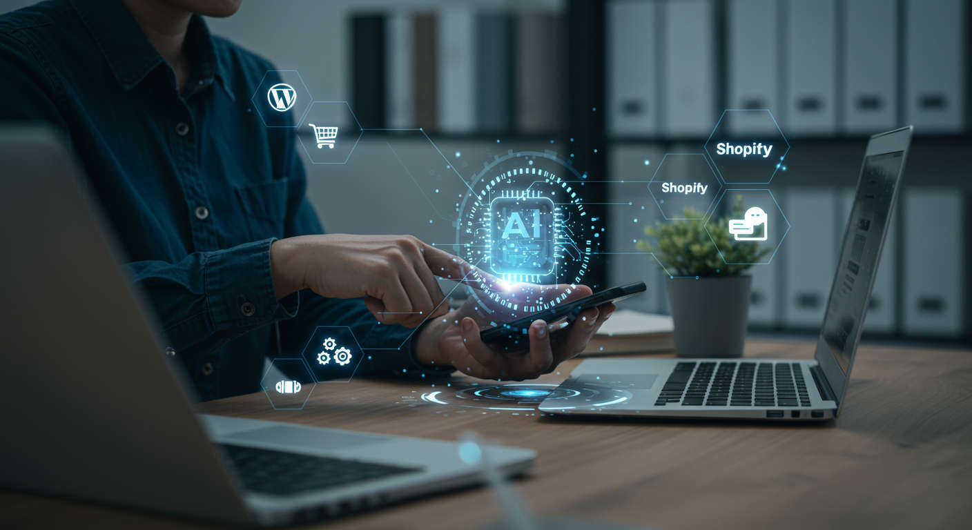 Futuristic office workspace with AI technology elements showing digital assistant hologram interacting with laptop and smartphone, symbolising AI automation for small businesses on WordPress and Shopify platforms