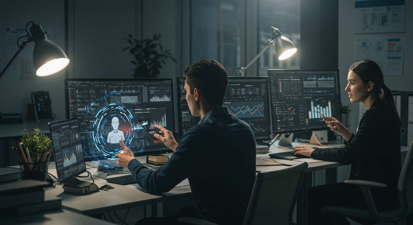 Futuristic office environment showing AI agents assisting small business owners with automation tasks on computers and digital devices, highlighting AI technology in SMB operations