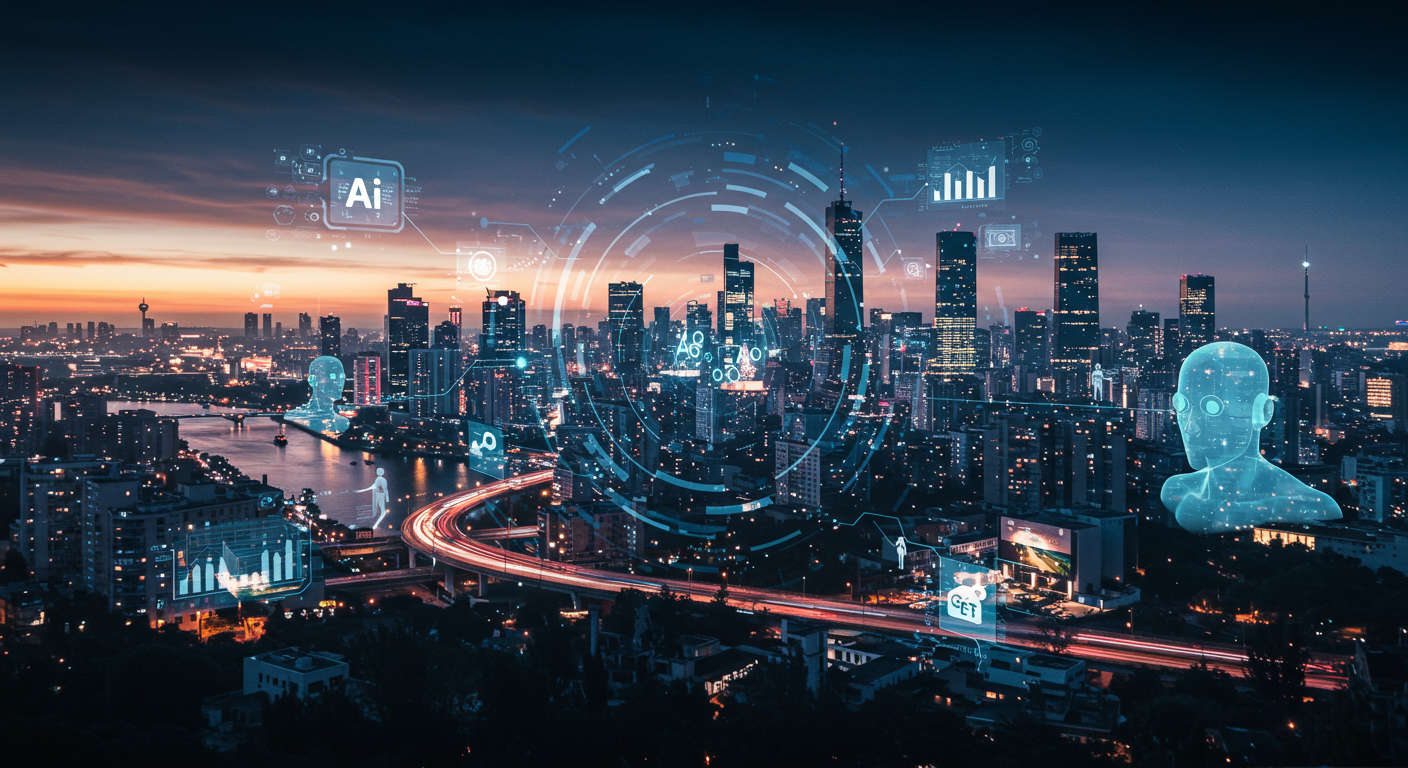Futuristic cityscape showcasing AI technology integration with autonomous agents, edge AI devices, and multimodal AI systems in action
