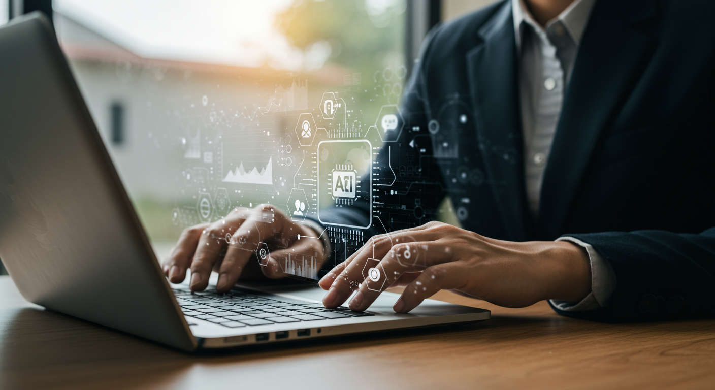 A business owner using AI technology on a laptop for keyword clustering and topic research, with data visualisation and digital networking icons floating around, modern office setting, natural lighting