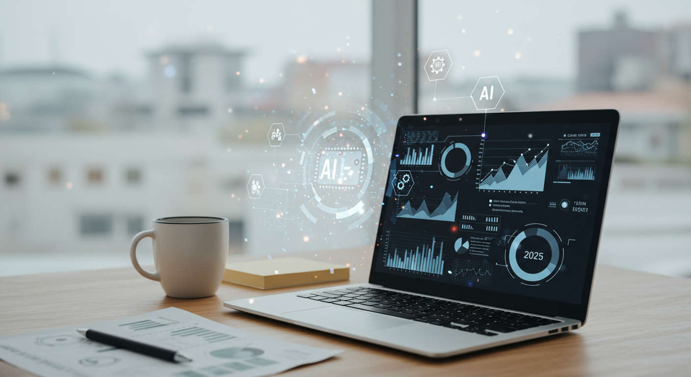 Modern workspace with laptop displaying AI data and digital holograms, symbolising AI breakthroughs and automation trends for SMBs in October 2025