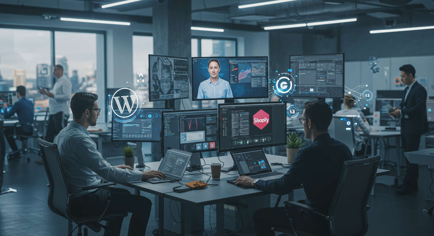 Futuristic office scene with AI virtual employees working on multiple screens featuring WordPress and Shopify logos, symbolising AI automation for small businesses and startups.