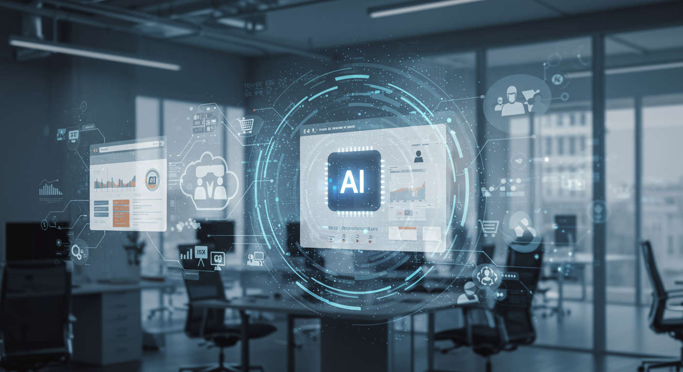 Futuristic office setting with AI technology integrating website elements from Shopify and WordPress, symbolising autonomous internal link building and SEO optimisation for SMBs and startups.