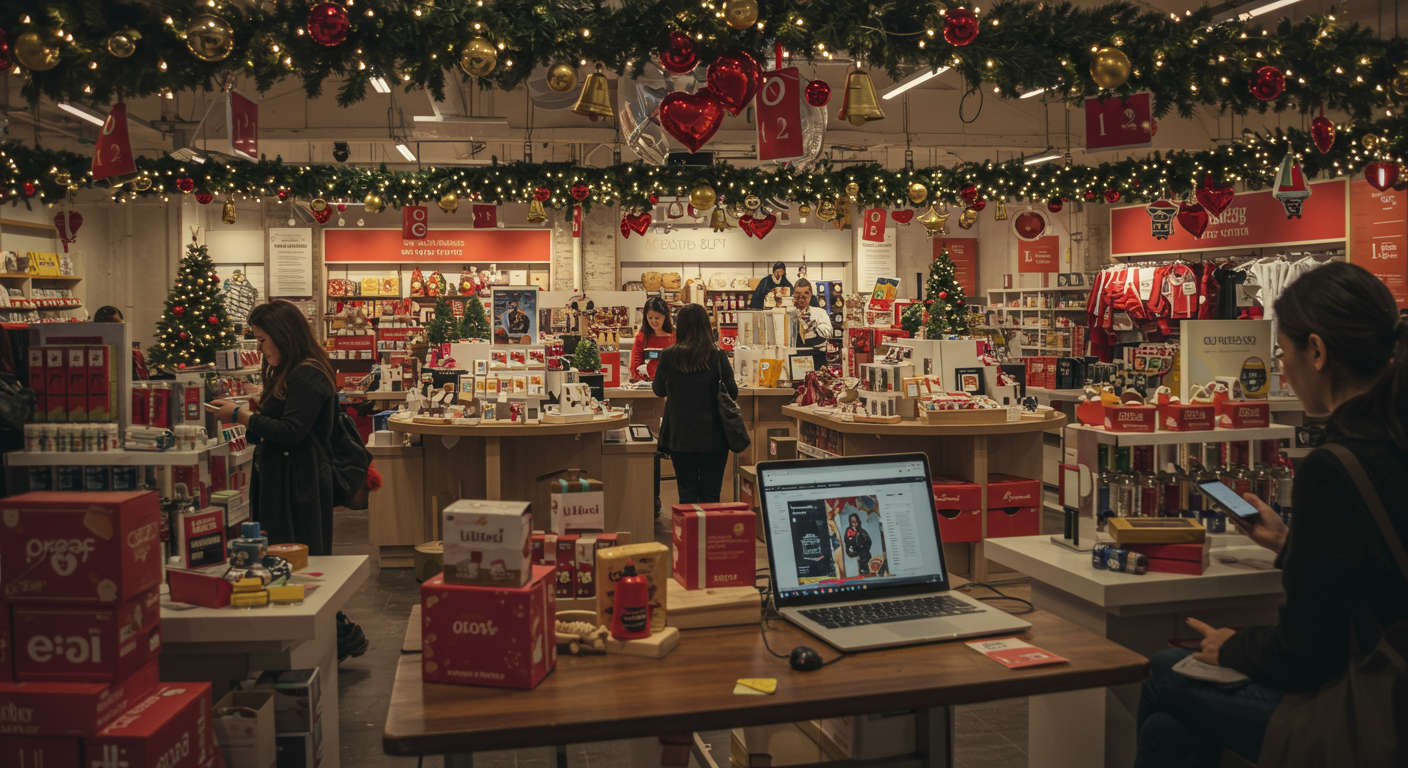 A busy ecommerce store during holiday season with festive decorations, products displayed, and customers shopping online on different devices, vibrant and dynamic atmosphere