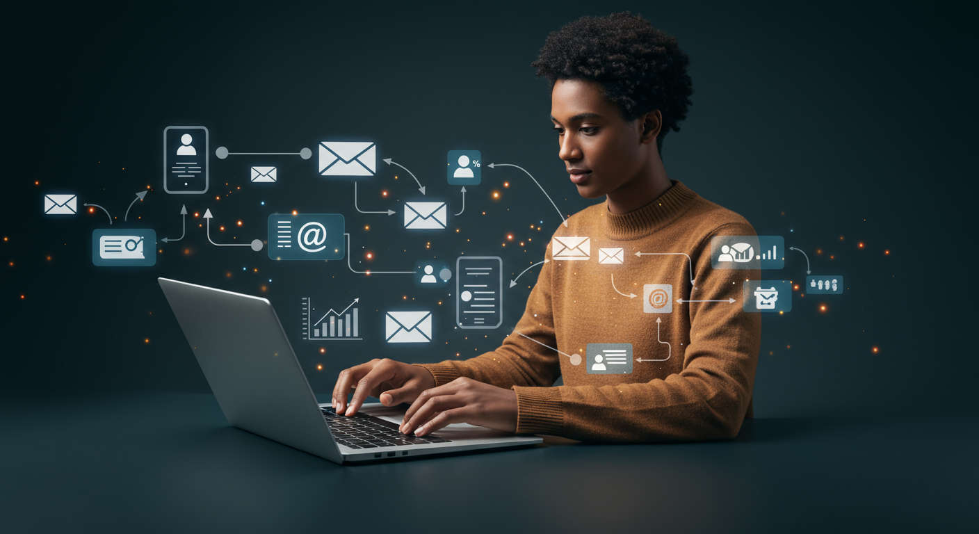 Small business owner engaging with AI-driven email marketing automation showing ROI growth and campaign visuals