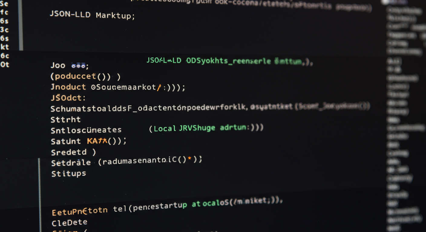 Close-up of a computer screen displaying JSON-LD schema markup code with elements like product, rating, and local business details relevant to on-page SEO