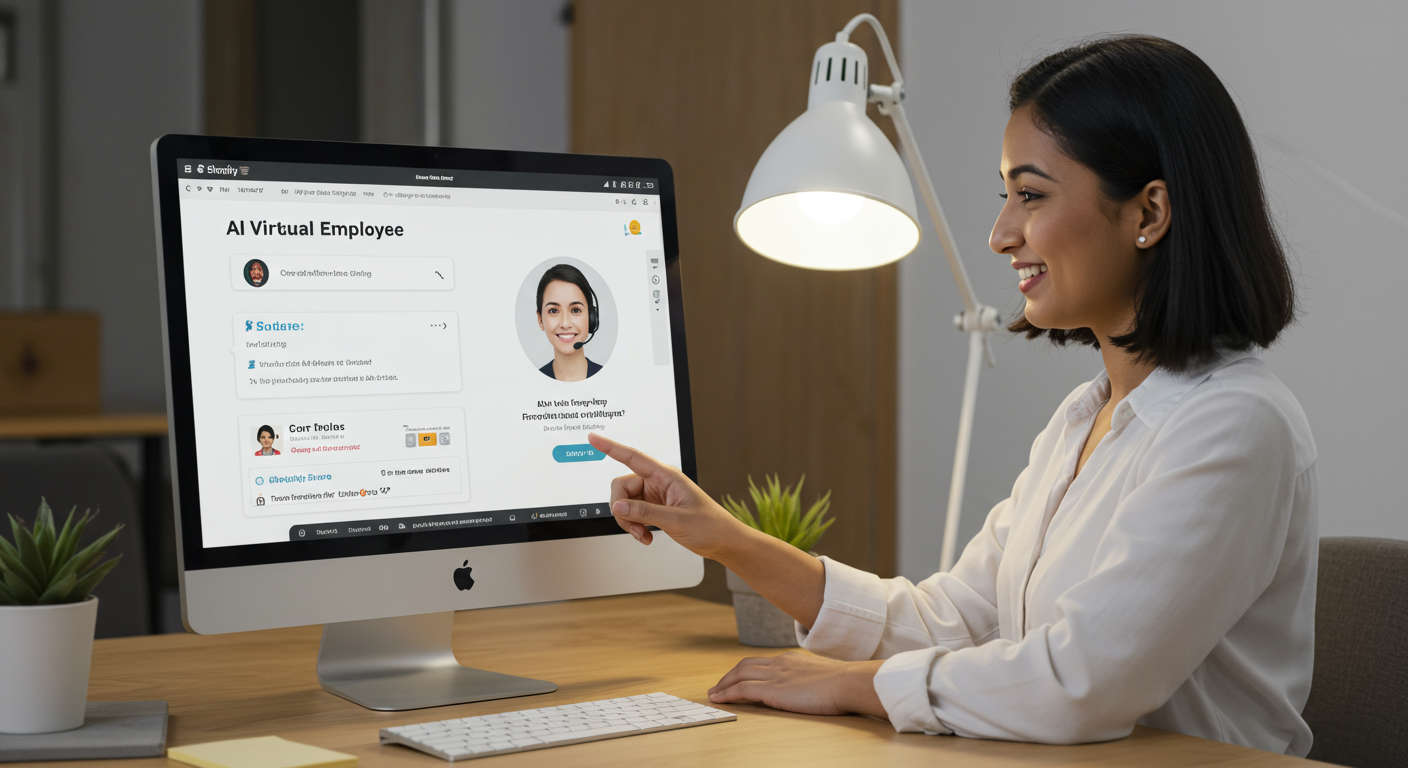 A person setting up an AI virtual employee on Shopify using a simple no-code app interface, illustrating ease of installation and configuration, with a professional and friendly atmosphere