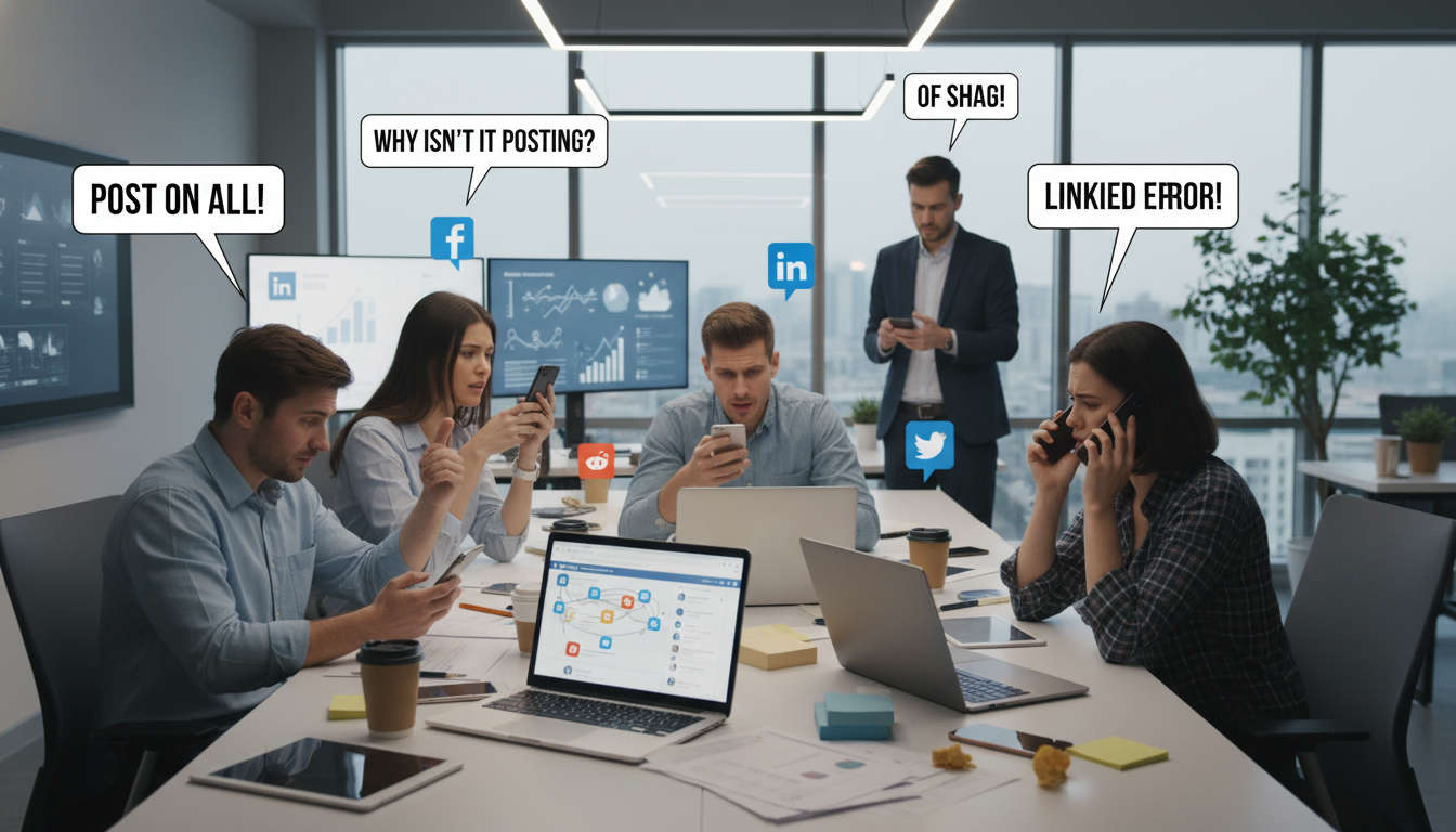 Small business team managing multiple social media channels on laptops and mobile devices in a modern office environment