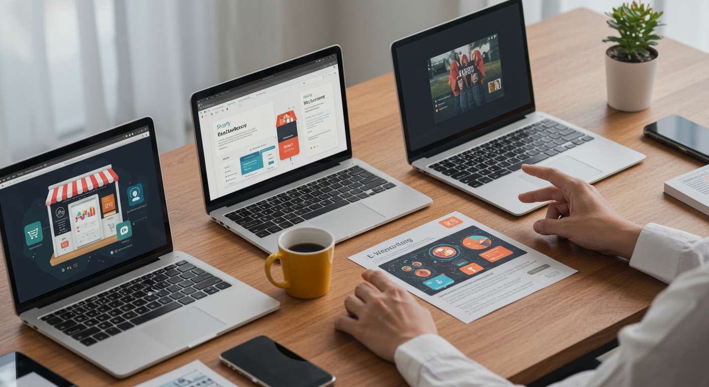 Diverse e-commerce digital storefronts on Shopify and WooCommerce interconnected by AI automation technology for efficient inventory management and business growth