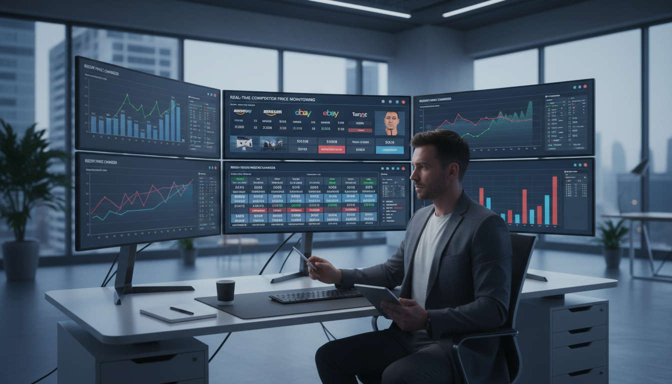 E-commerce business owner analysing competitor prices on multiple digital screens showing graphs and price changes in a modern office setup, emphasising real-time competitor price monitoring