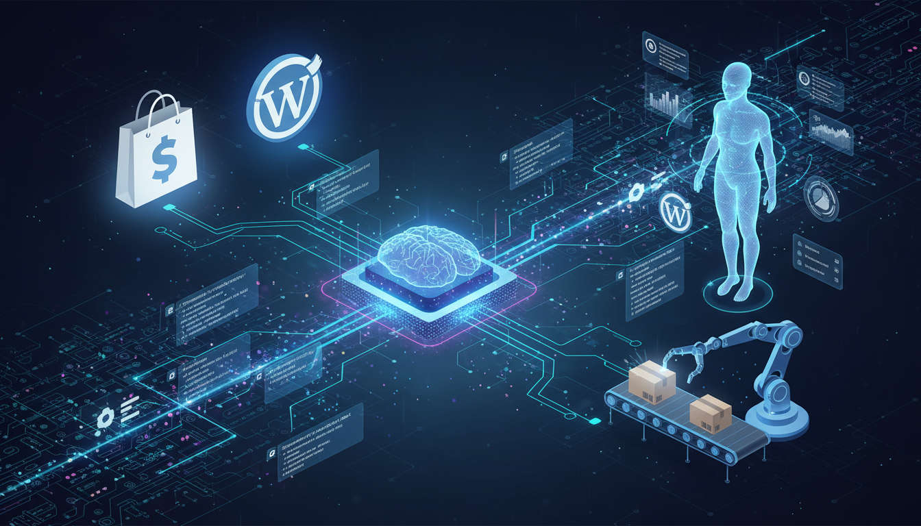 Dynamic digital concept of AI automation in ecommerce with Shopify and WordPress icons and JSON-LD schema data flow