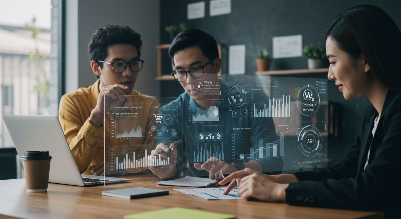 Diverse small business owners analysing digital data on futuristic transparent screens with AI interfaces, graphs, and charts, representing AI competitor analysis and market insights for SMBs in a modern office environment.