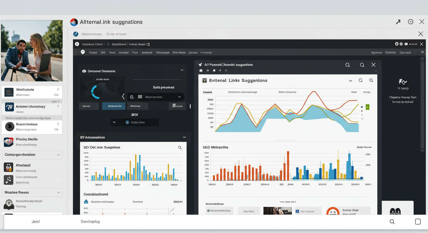 A dashboard screen showing AI-powered internal link suggestions and SEO analytics, highlighting automation and continuous monitoring for a WordPress or Shopify site