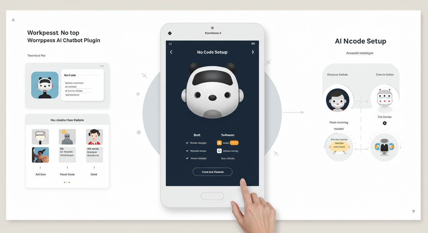 Step-by-step guide illustration of no-code setup for WordPress AI chatbot plugin, highlighting ease of installation and AI virtual employee training process