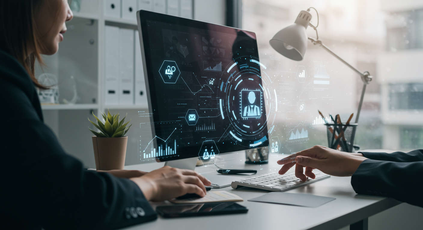 A modern small business office using AI automation tools on computers and mobile devices, showing seamless integration of AI virtual employees in daily operations