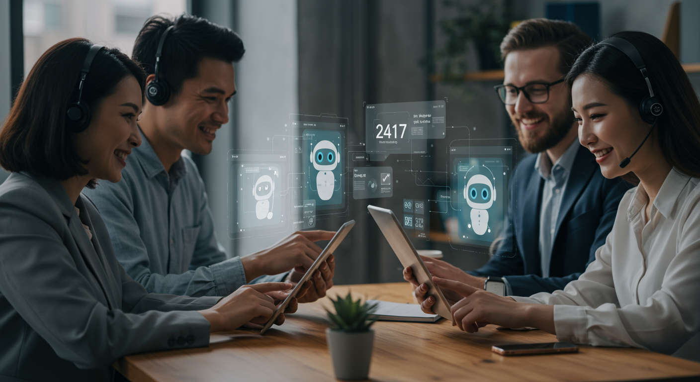 Small business owners happily interacting with an AI chatbot automation on multiple devices, showcasing 24/7 customer support technology in action