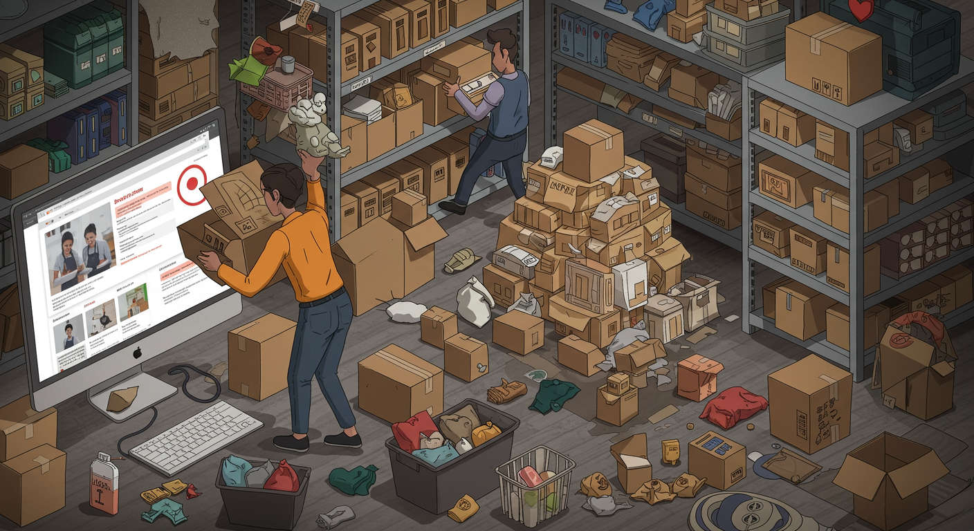 Small business e-commerce inventory challenges, showing stockouts, overstocks, and manual errors in a busy online store setting