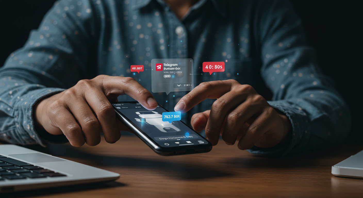 A person using a smartphone with Telegram app open, interacting with AI bot commands for blog publishing, notifications popping up, modern digital workspace background