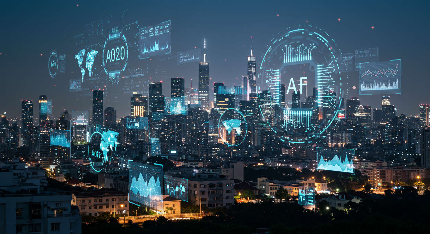 Futuristic cityscape with digital AI elements and holographic data streams representing global AI trends, breakthroughs, product launches, and regulations in 2025 for SMBs and startups.